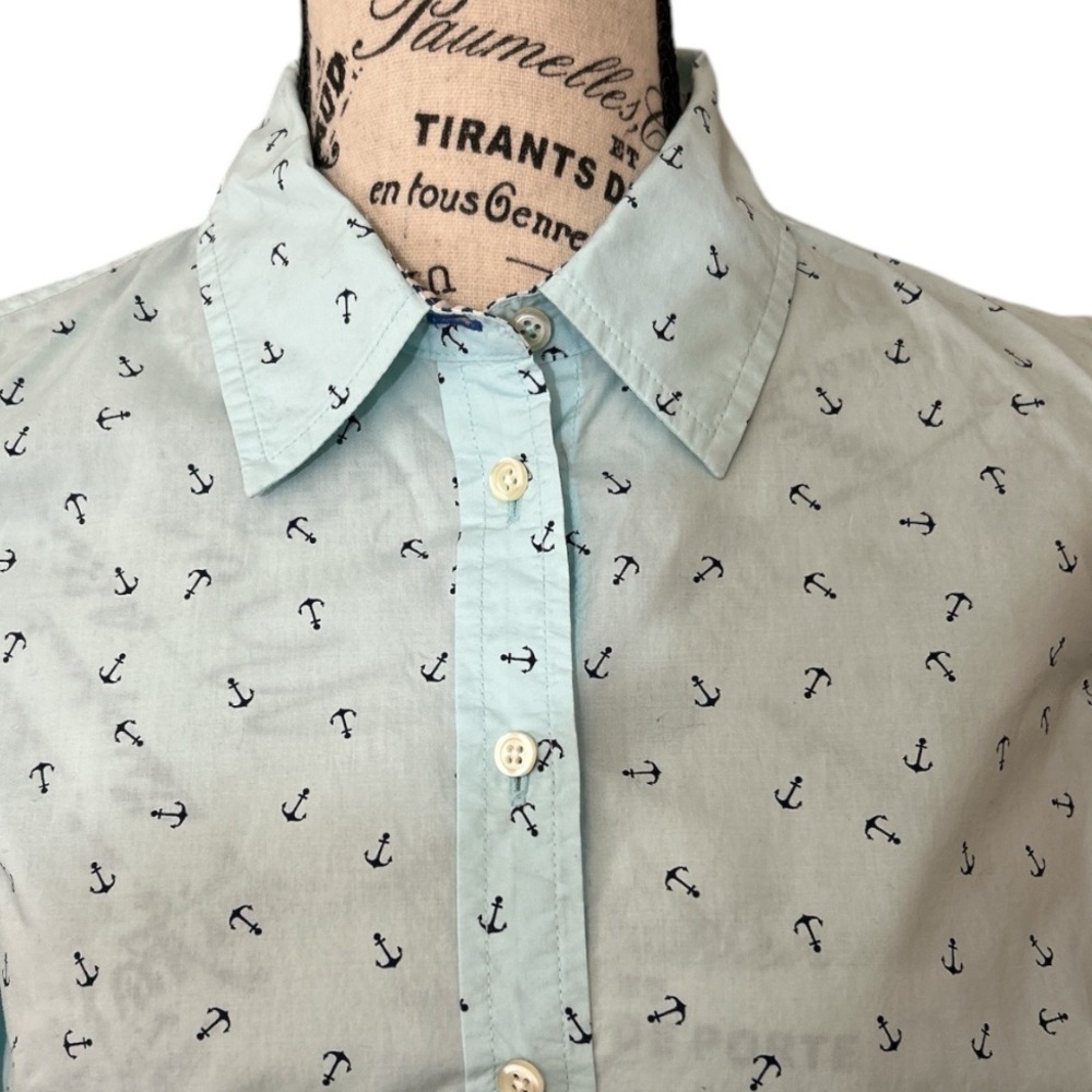Talbots Long Sleeve Cotton Anchor Nautical Vacation Coastal Button Front Blouse - Picture 5 of 8